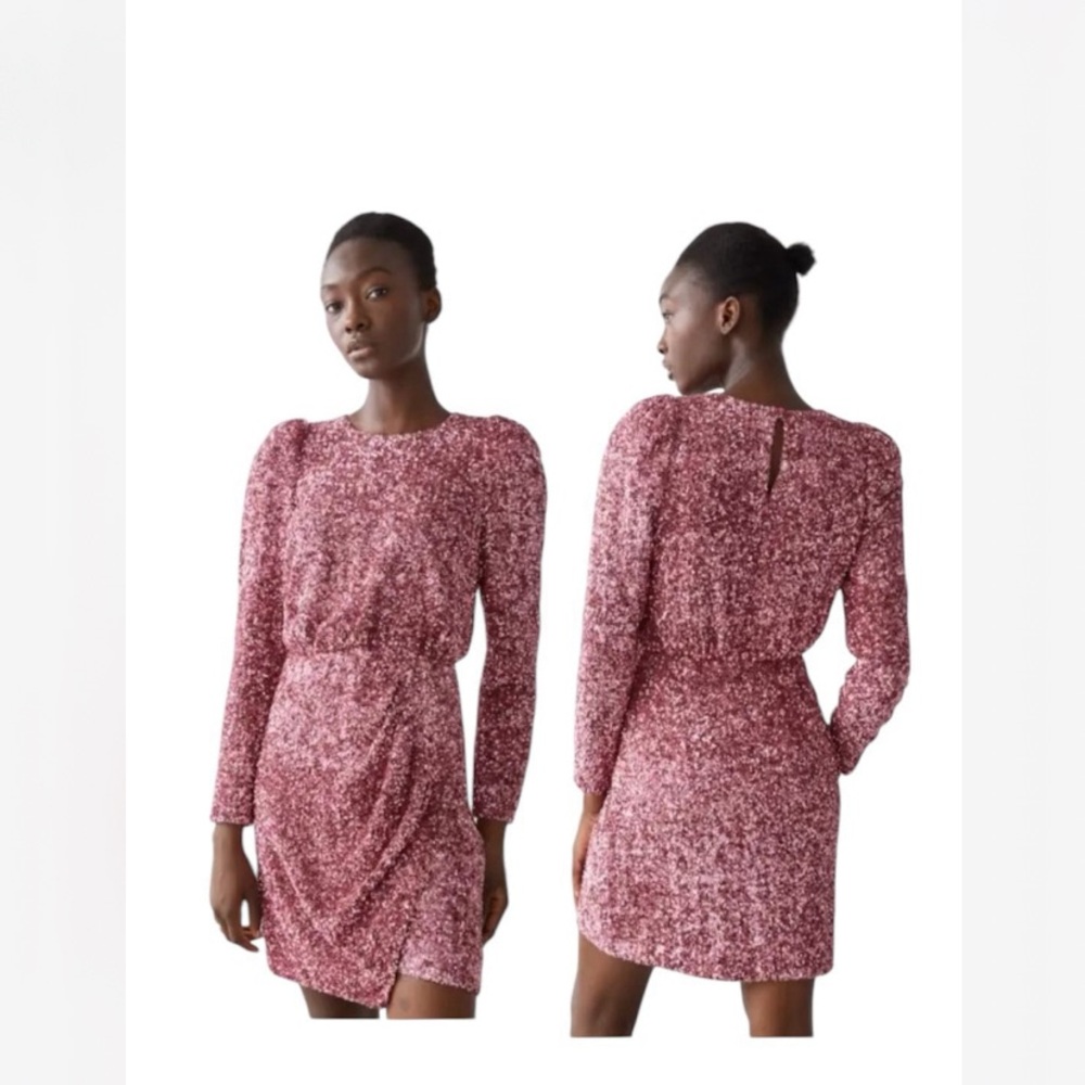 & Other Stories Los Angeles Atelier Padded Shoulder Pink Sequin Dress size 38/S